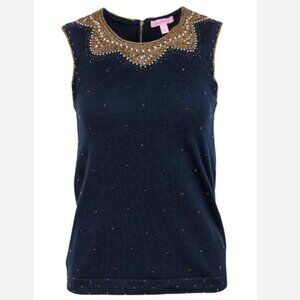 Lilly Pulitzer Kate Beaded Sleeveless Knit Sweater in Navy Blue/Gold Size Small